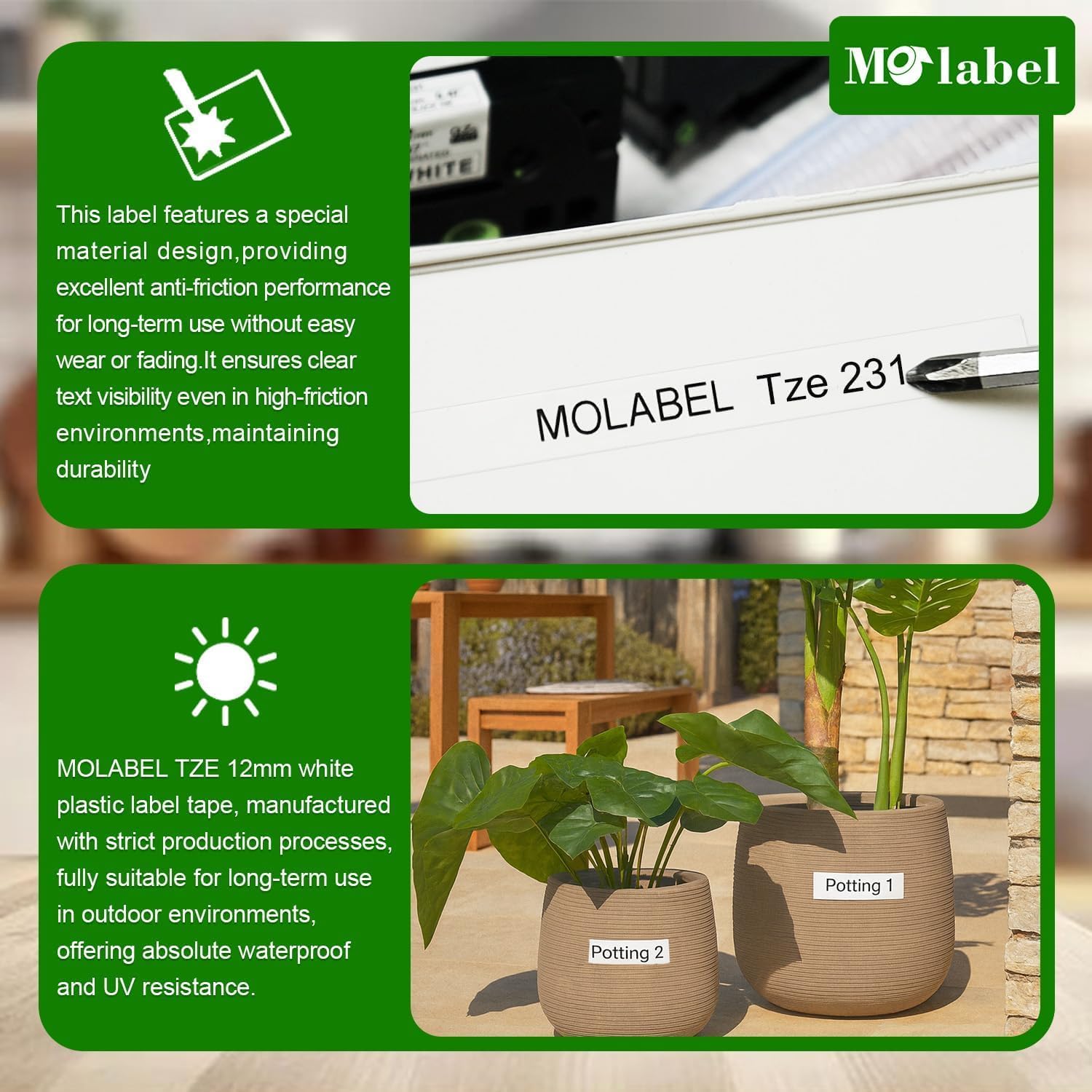 Thumbnail 3 de Molabel 10er-Pack TZe-231 Schriftbänder – 12 mm, Schwarz auf Weiß, laminiert
