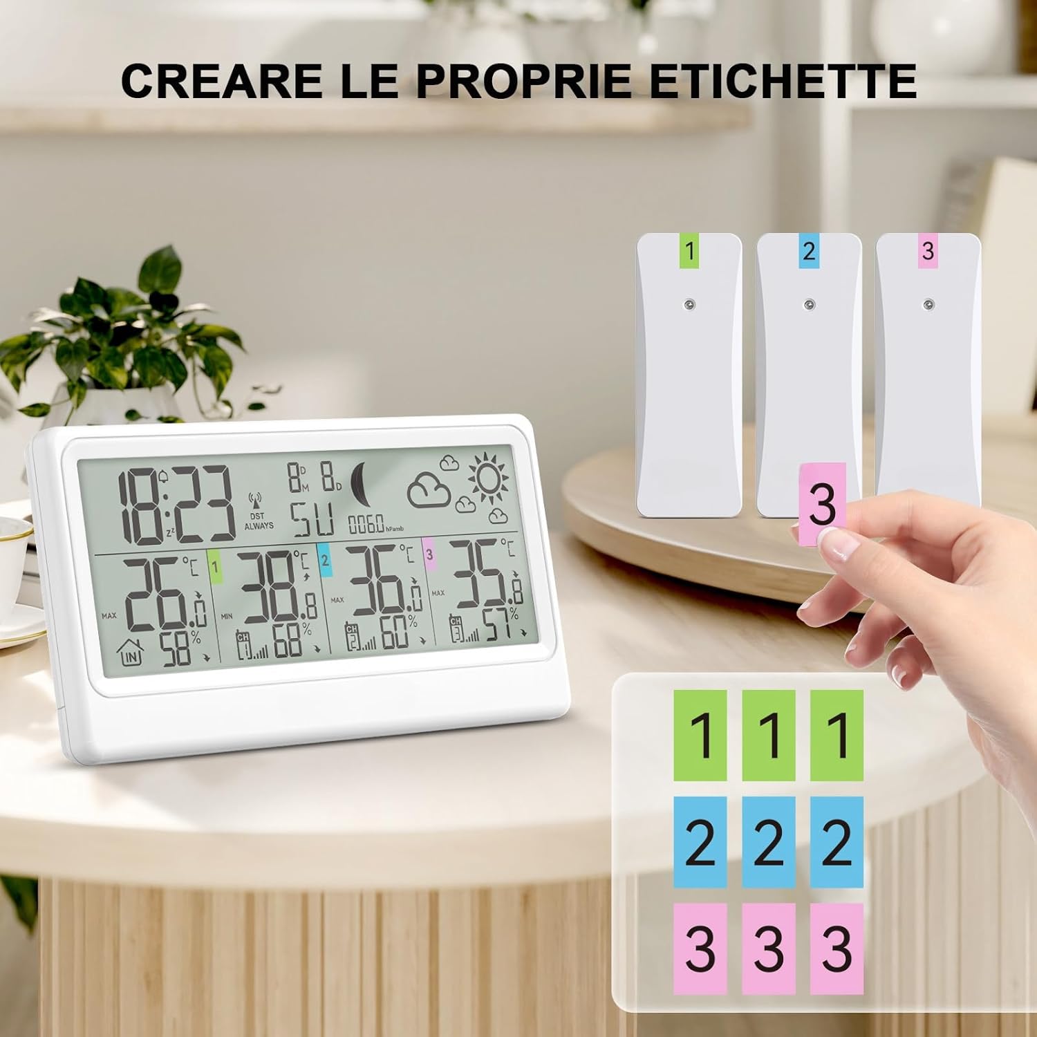 Detalle de Stazione Meteo con 3 Sensori Esterno e Display LCD 8,5" – monitoraggio interno/esterno, previsioni e fasi lunari