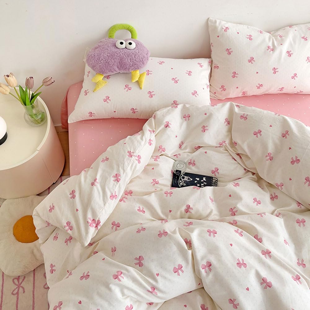 Thumbnail 5 de Nyescasa Housse de couette 200x200 rose nœud papillon et cœurs en microfibre, avec fermeture éclair et 2 taies 65x65