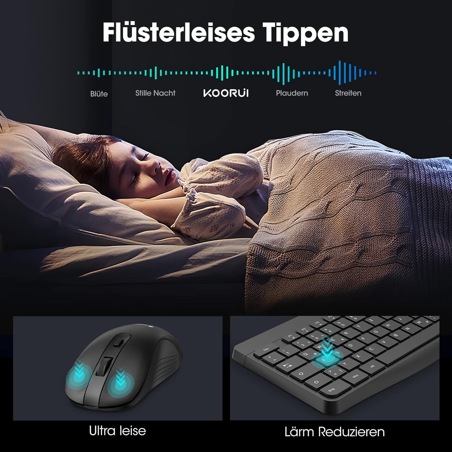 Detalle de KOORUI kabelloses Tastatur-und-Maus-Set (QWERTZ, deutsches Layout) mit leiser Maus, 2,4 GHz Funk – schwarz