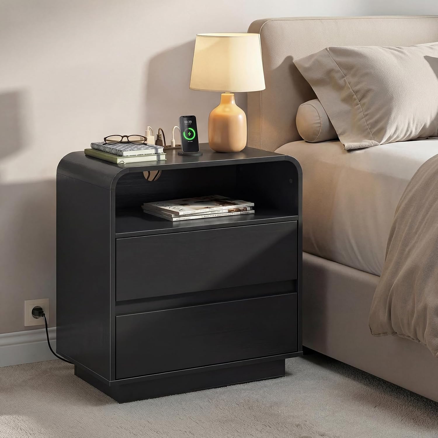 Detalle de Miucore 25" Tall Modern Nightstand with Charging Station, 2 Drawers, Black