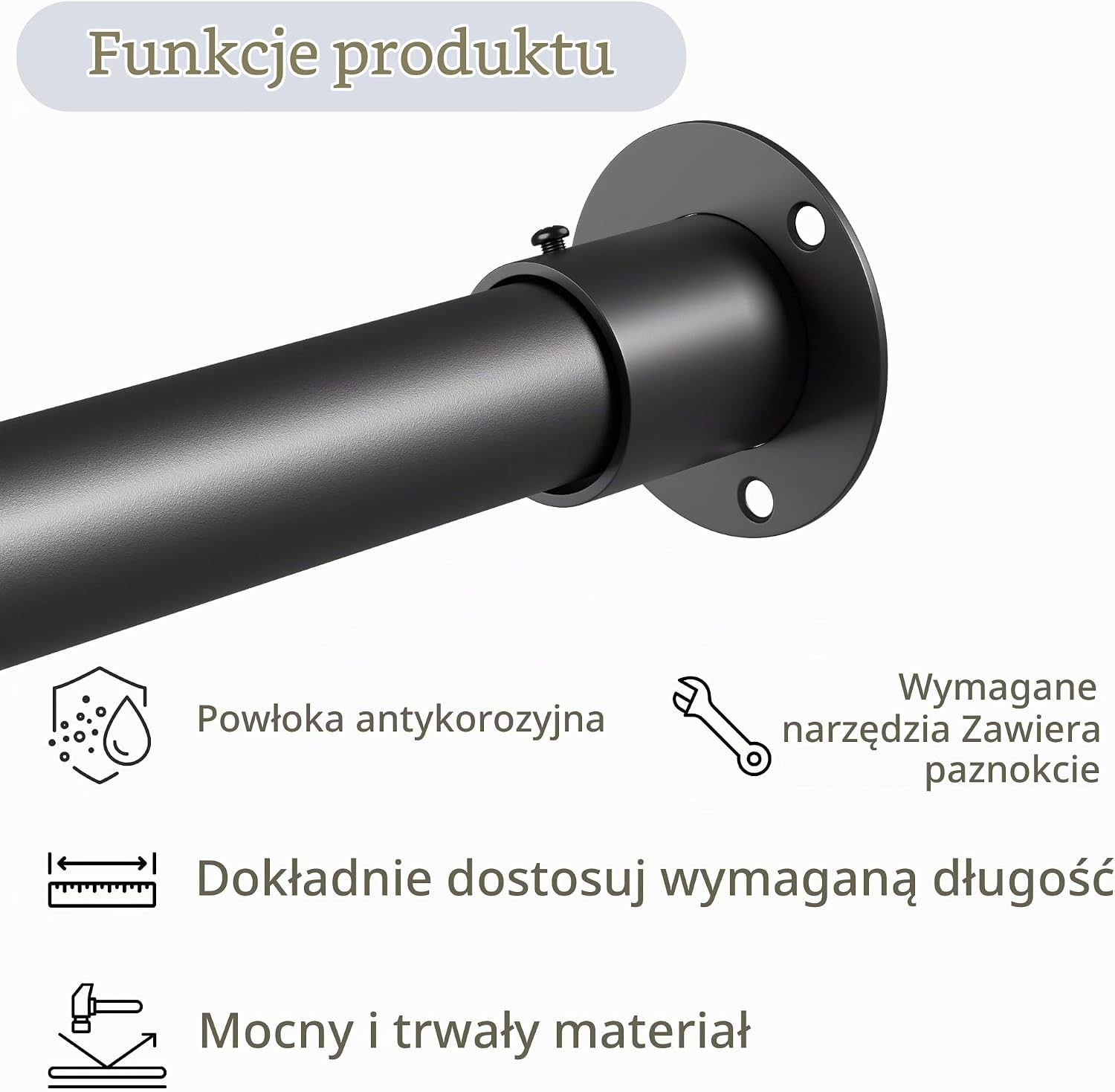 Detalle 2 de Venwemong regulowany drążek do szafy 68–110 cm, stal nierdzewna, biały, Ø 25 mm