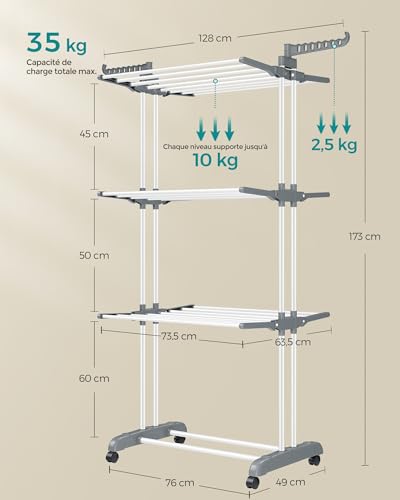 Detalle de SONGMICS Étendoir Linge Interieur Exterieur – Séchoir Mobile à 4 Niveaux