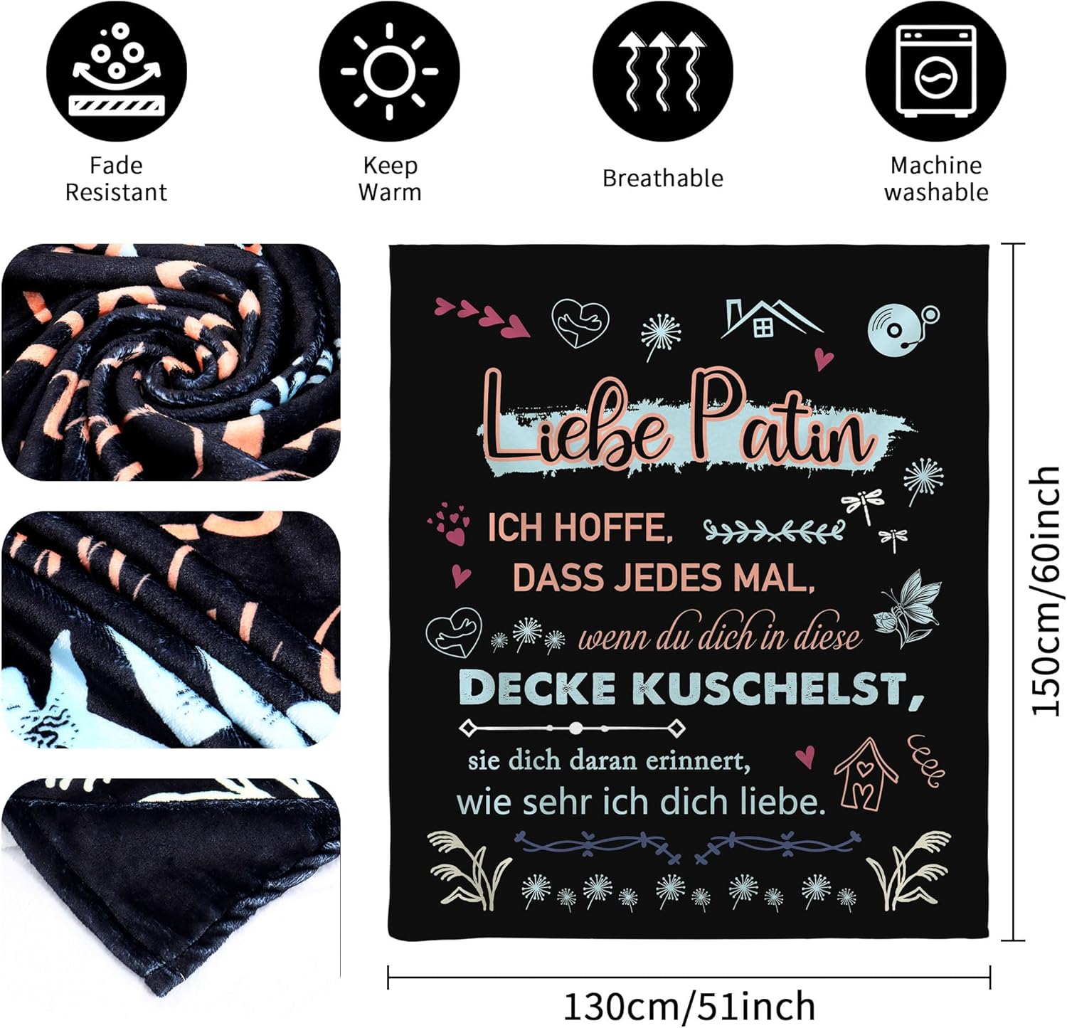 Thumbnail 1 de Original Geschenk Liebe Patin Kuscheldecke 150 x 130 cm – ideale Herzensbotschaft