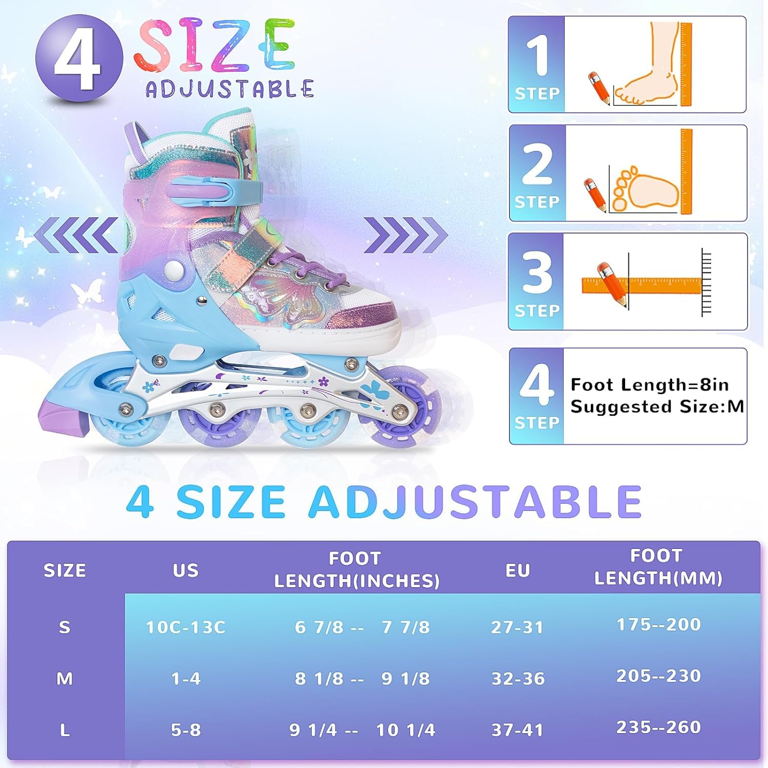 Thumbnail 3 de Nattork Kids Inline Skates: 4-Size Adjustable Butterfly Design with Light-Up Wheels