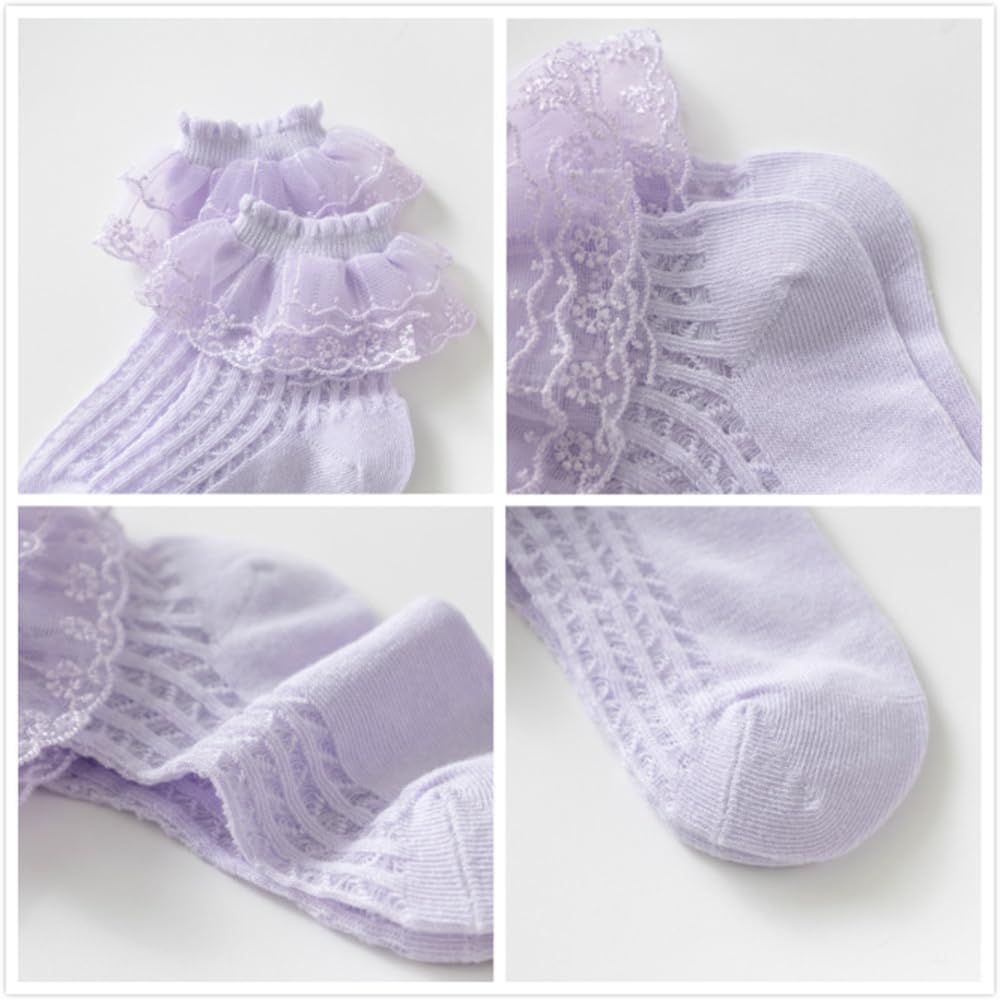 Detalle 2 de HXQLXGT 6 Pairs Baby Girls Frilly Lace Socks – Gentle, Elastic Ankle Socks for 1-10 Years