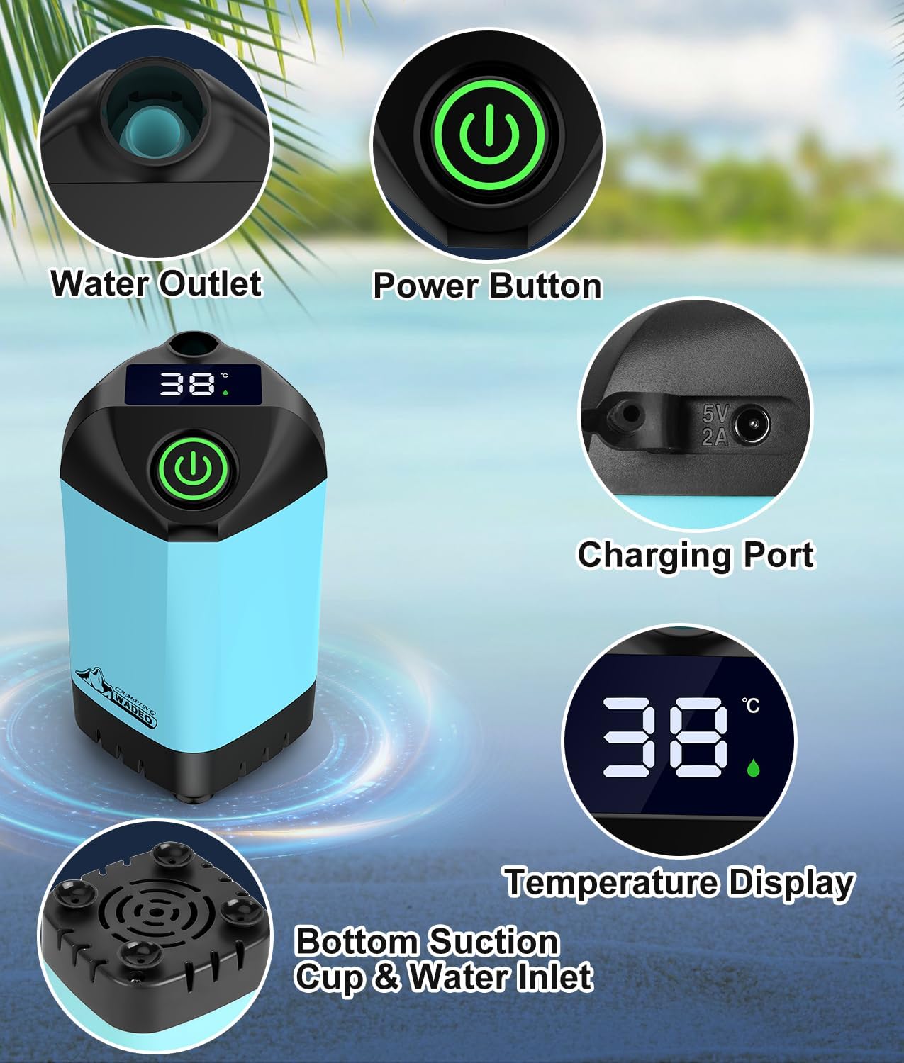Thumbnail 2 de WADEO Portable Camping Shower with 6000mAh Battery – Intelligent Digital Display & 3 Modes