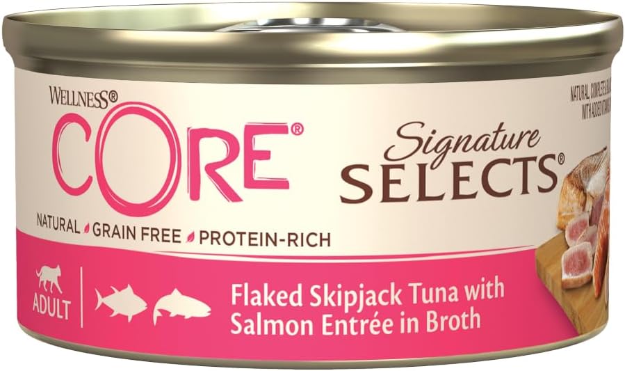 Detalle de Wellness CORE Signature Selects 24 x 79 g: Zart geflockter Thunfisch & Lachs in Brühe – Nassfutter für Katzen