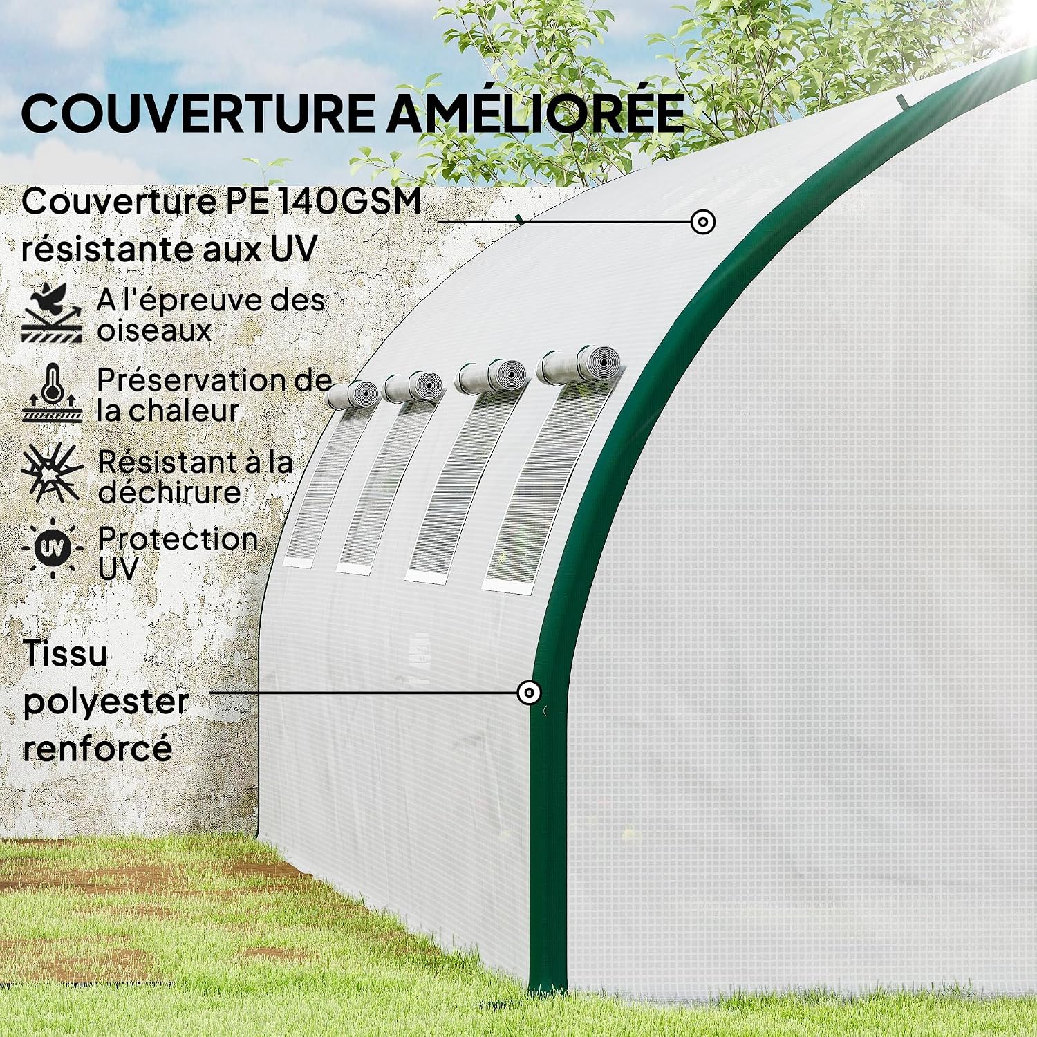 Detalle de Outsunny 84H-033V00WT tunnelserre 600 x 300 x 200 cm met PE-zeil van 140 g/m²