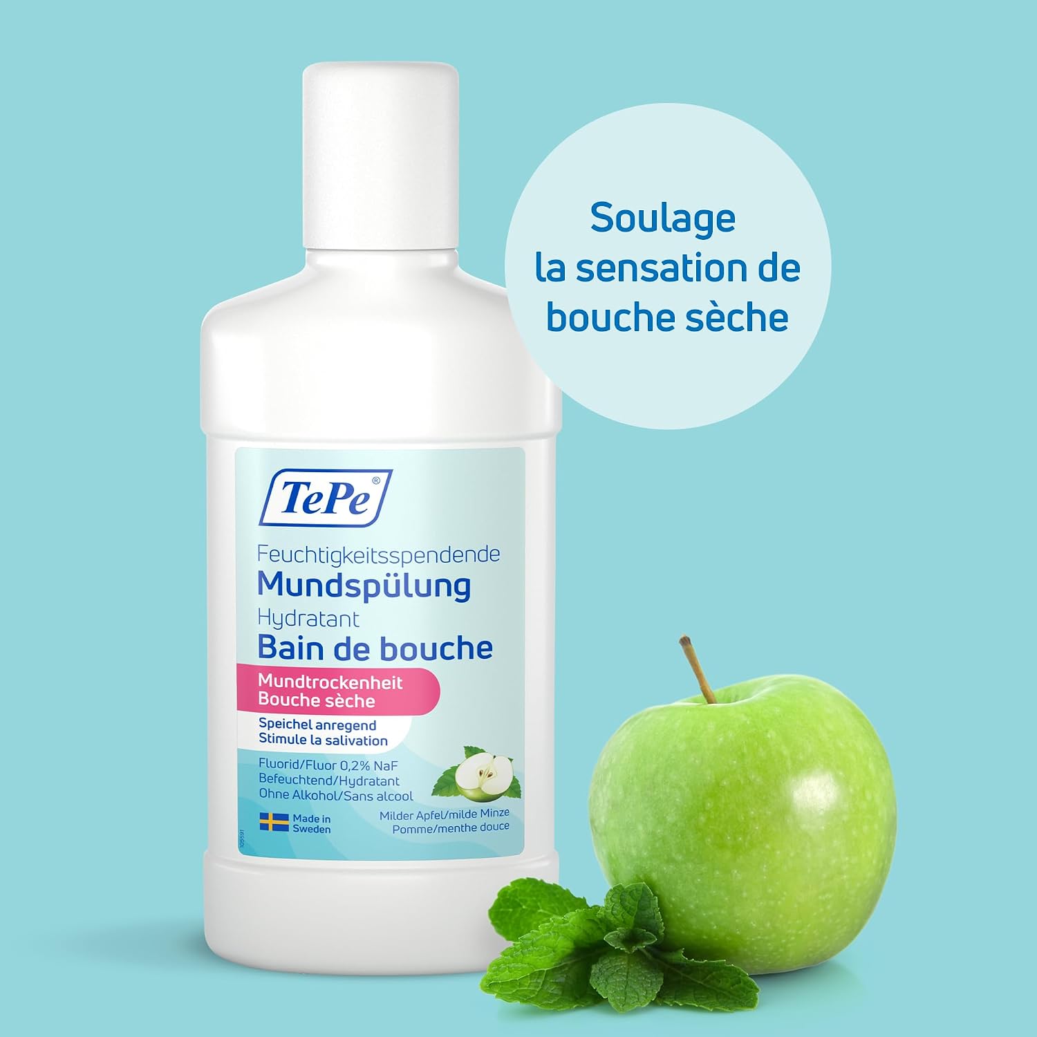 Detalle de TePe boùche sèche — Bain de bouche hydratant fluoré au parfum pomme menthe