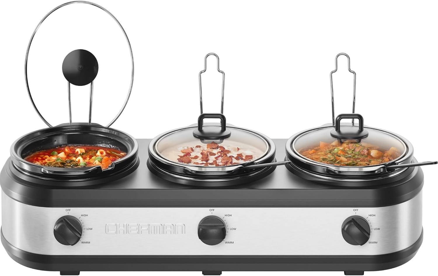 Chefman Triple Slow Cooker & Food Warmer with 3 Ceramic Crocks (7.5-Quart Total, PFAS-Free)