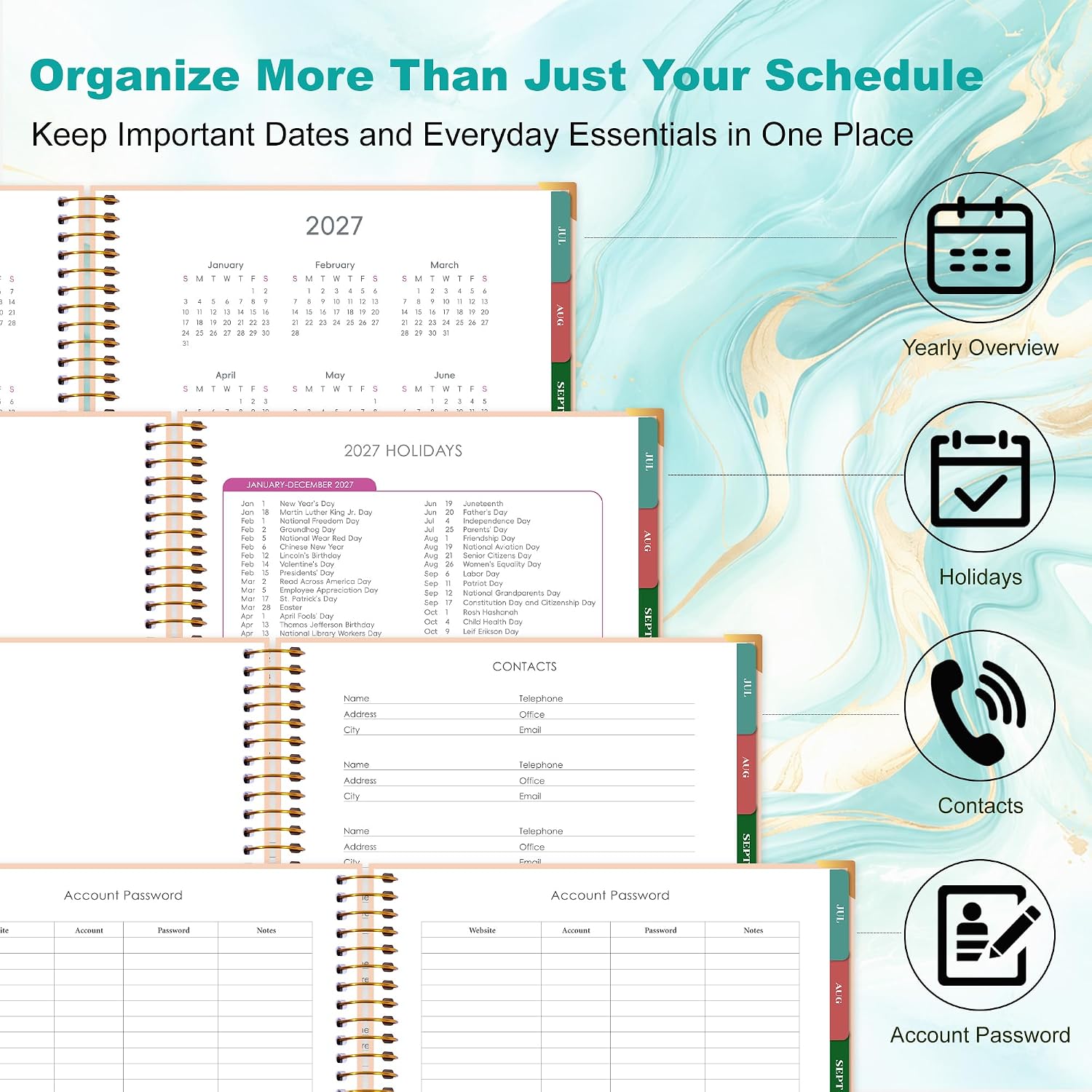Detalle de CAGIE 2026–2027 Planner, 15-Month Monthly & Weekly, 8.5" x 11", Green Marble