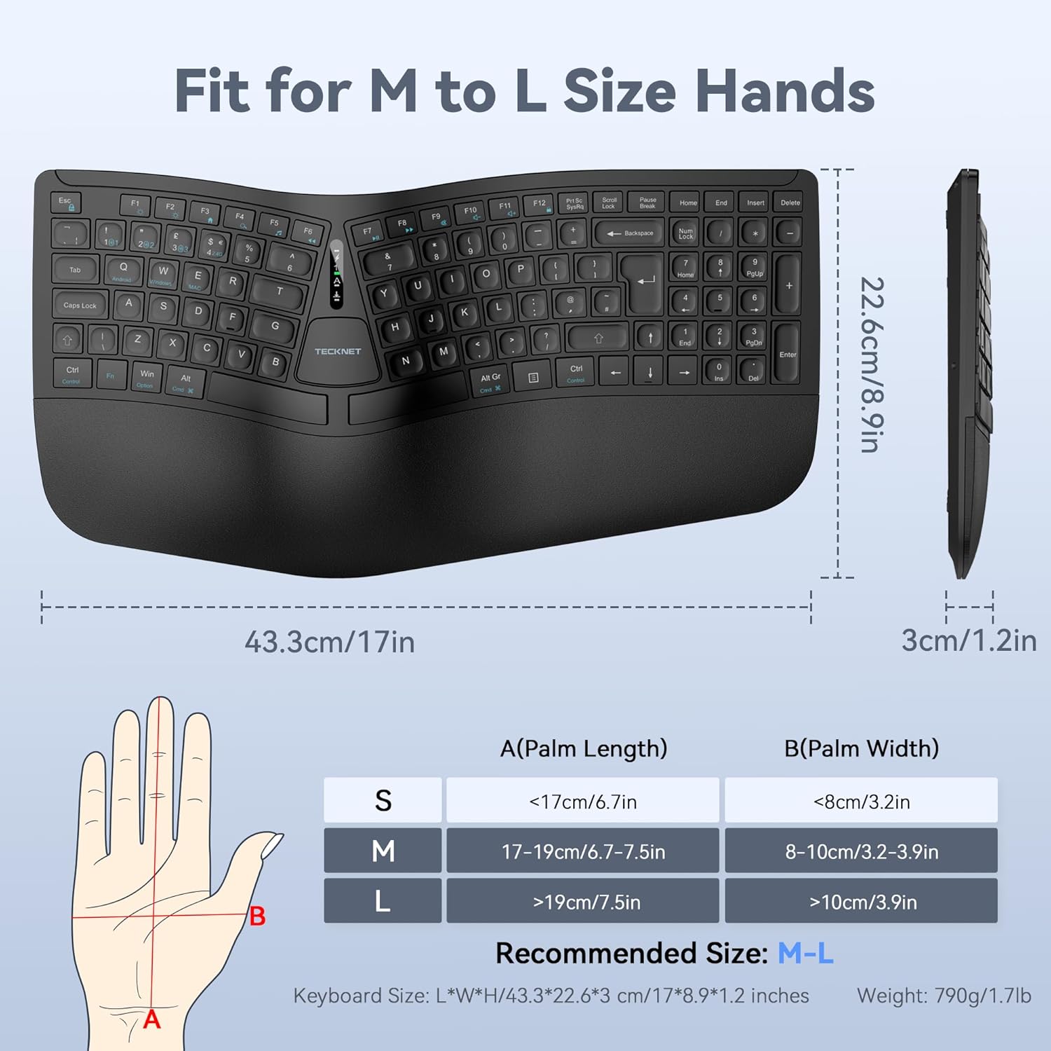 Thumbnail 6 de TECKNET Wireless Ergonomic Keyboard (2.4G USB & Bluetooth) with Wrist Rest