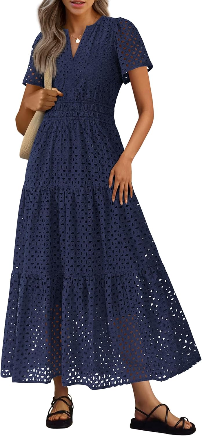 Detalle de PRETTYGARDEN Eyelet Maxi Dress for Summer 2026 — V-Neck, Short Sleeve, Flowing A-Line