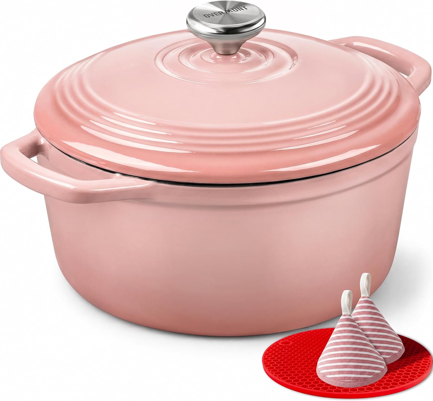 Overmont Enameled Cast Iron Dutch Oven 5.5QT with Wide Handles and Lid: Heavy-Duty, Pre-Seasoned, Oven Safe to 500°F