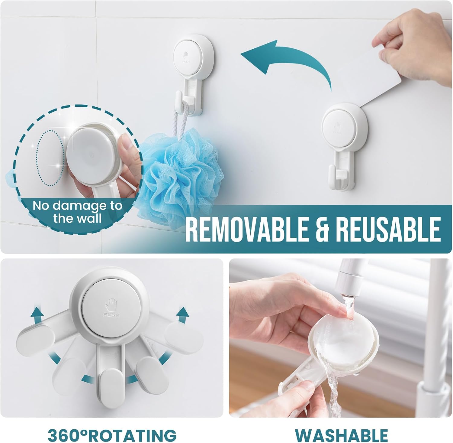 Thumbnail 6 de TAILI AW567 4-Pack Suction Cup Hooks, White, 360° Rotatable