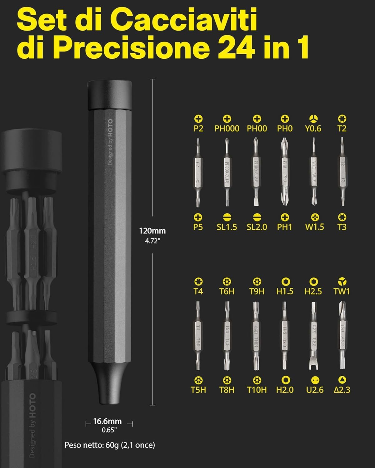 Thumbnail 4 de HOTO 24 in 1 Cacciaviti Magnetici: set di precisione in acciaio S2, punte intercambiabili e impugnatura pensata per elettronica