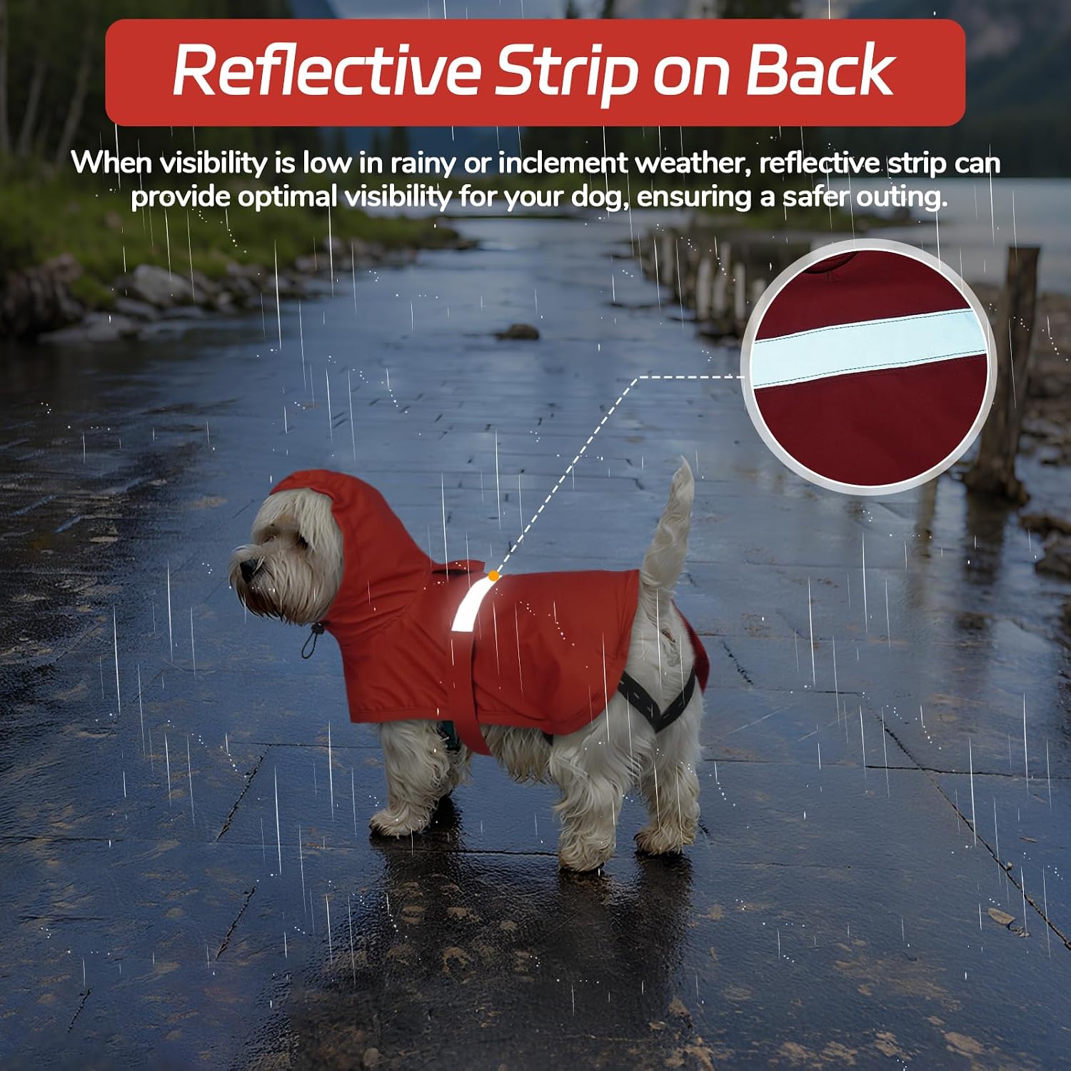 Detalle de Lelepet Dog Raincoat Waterproof Poncho with Reflective Strip and Adjustable Rear Legs Straps (Red, XL)