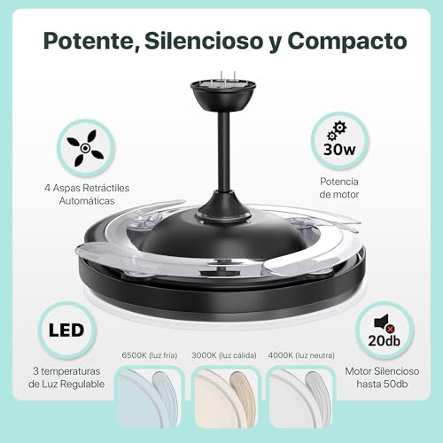 Detalle de Ventilador de Techo LED con Aspas Retráctiles y Control Remoto de LEDUNI (66W)