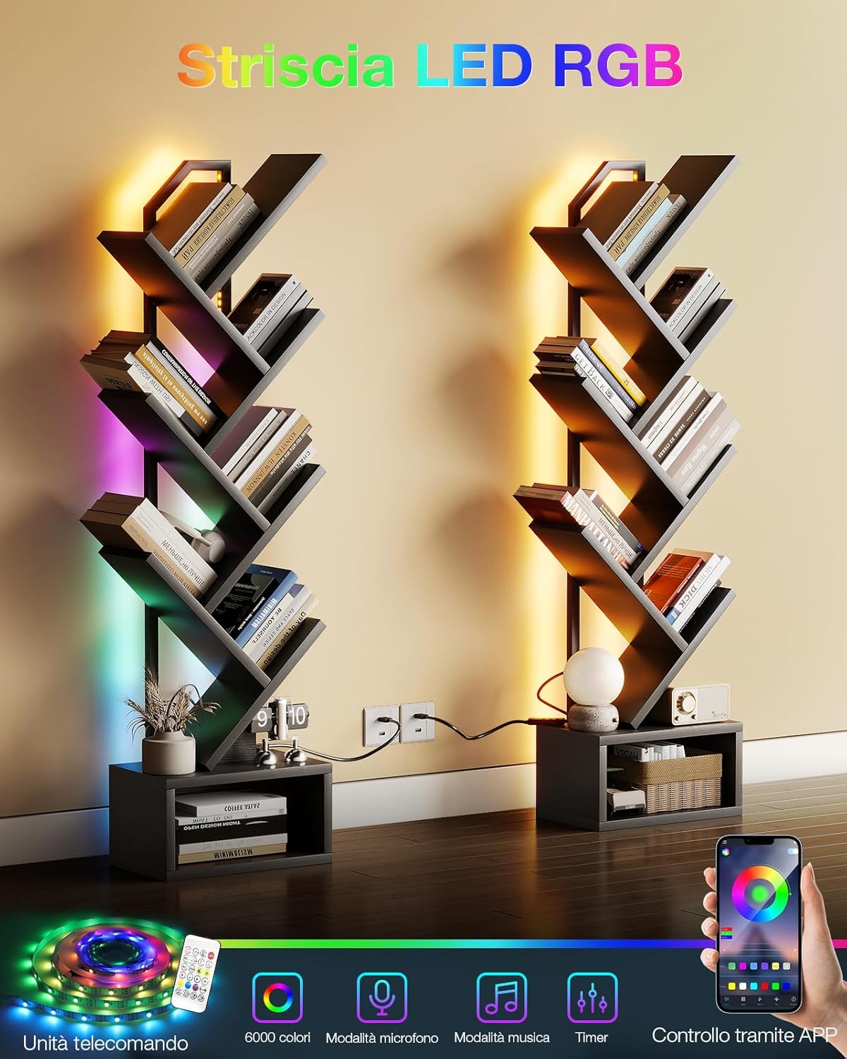 Thumbnail 3 de Coleshome Libreria ad albero a 6 ripiani con divisori e strisce LED, nero