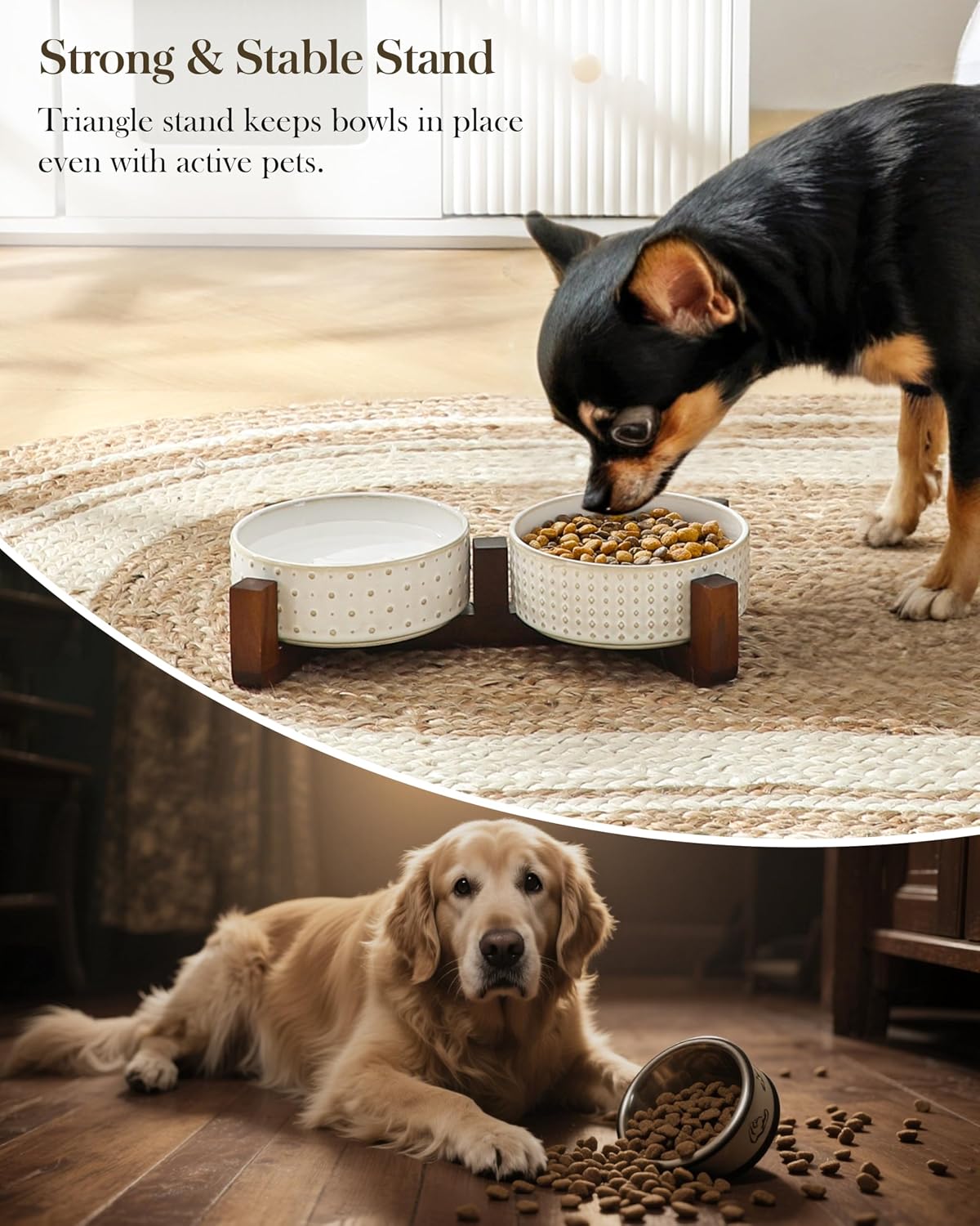 Detalle 2 de MALACASA LYDIA Ceramic Pet Bowl Set with Walnut Wood Stand, Non-Slip Base