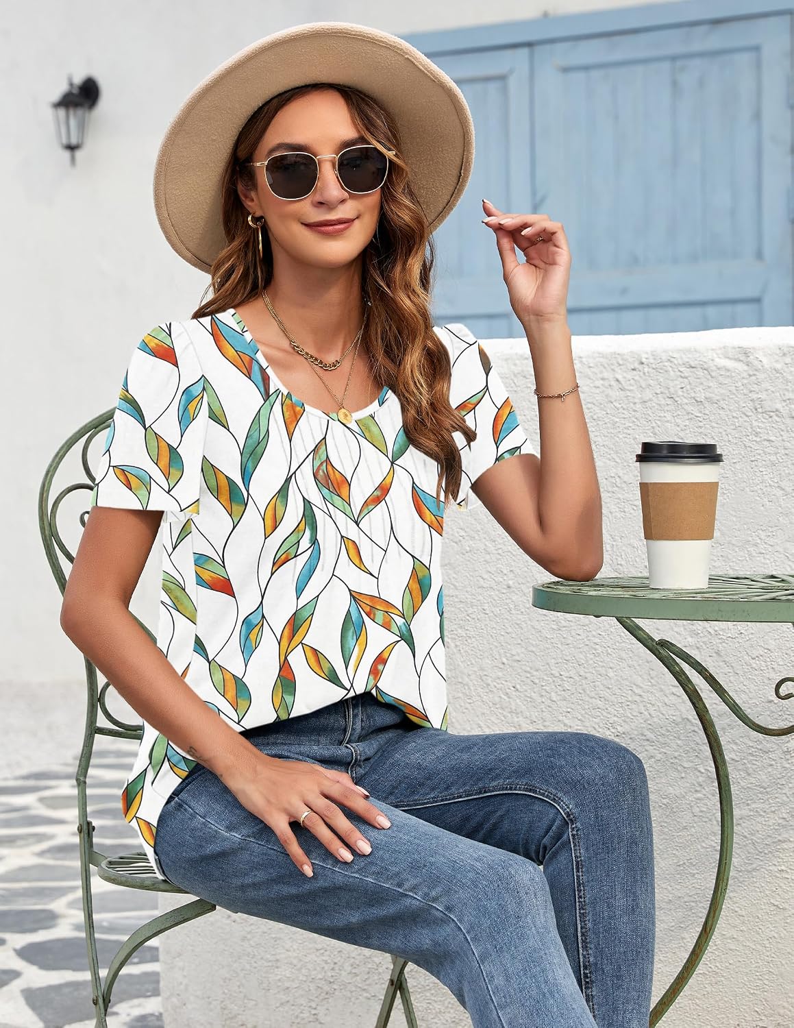 Detalle de MOLERANI Ladies Tops Round Neck Loose Casual Pleated T Shirt