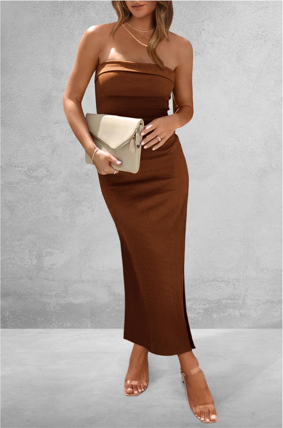 Detalle 2 de PRETTYGARDEN Strapless Ribbed Bodycon Maxi Dress with Side Slit