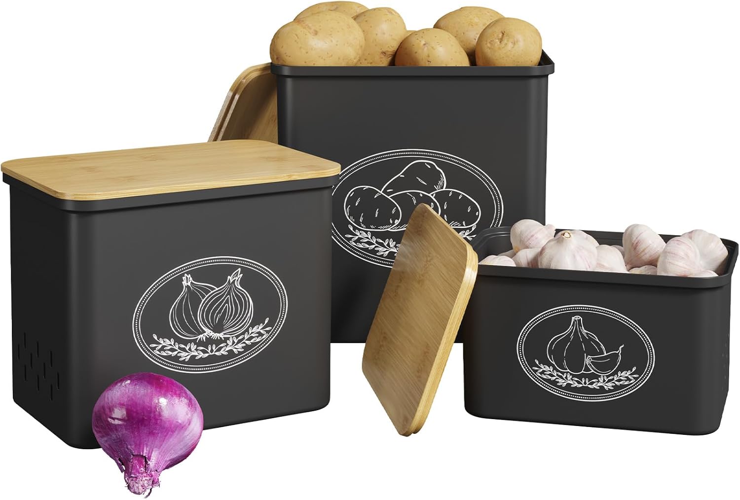 Detalle de Lifewit Kartoffel Aufbewahrungsbox 3er Set (Kartoffeln, Zwiebeln, Knoblauch) mit Belüftung, stapelbar – 24 cm hoch, schwarz
