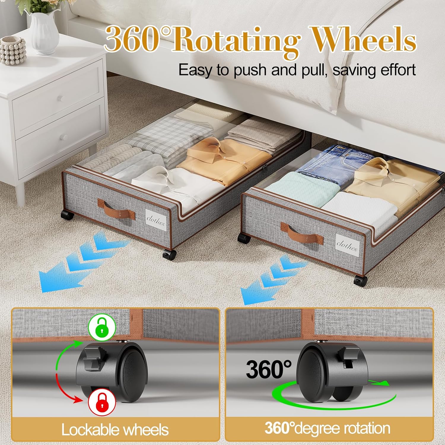 Detalle 1 de Yecaye Under Bed Storage with Wheels 60L Fabric Bins, 4-Pack, Greige