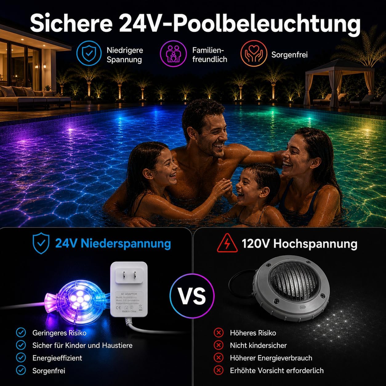 Detalle de SOIARLLT 8-in-1 Poolbeleuchtungssystem – 15 m, RGB+IC, 24V, IP68
