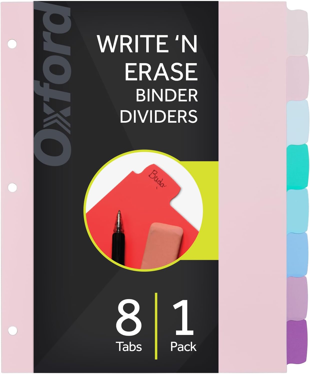 Detalle de Oxford 1019892 Plastic Binder Dividers, 8 Erasable Pastel Tabs, Letter Size
