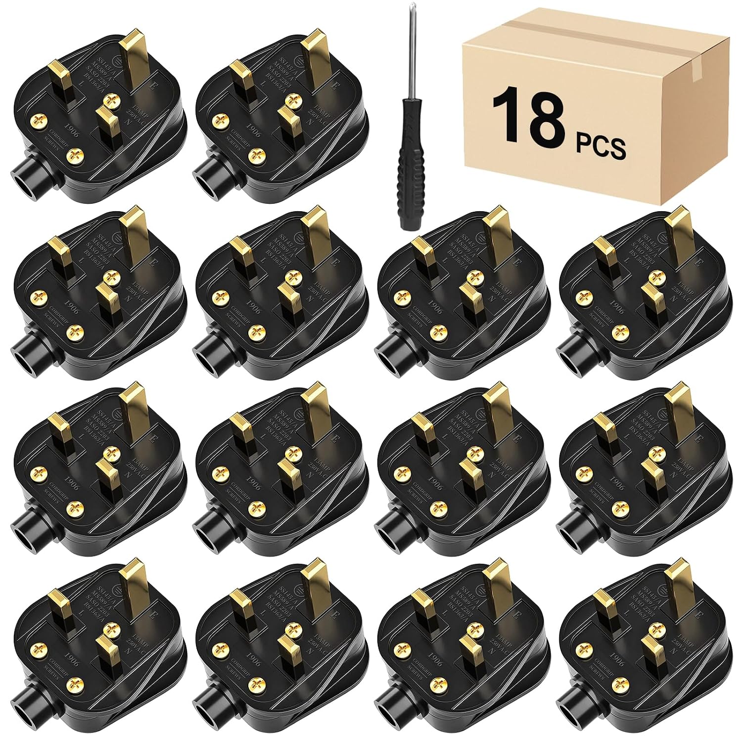 18 Pack Rubber Composite 13A Fused 3-Pin UK Mains Plugs with Cord Grip (Rewireable) – Black