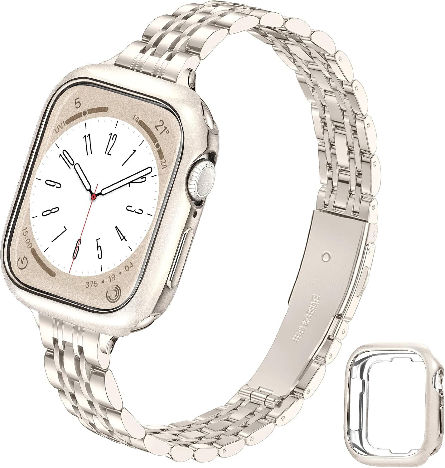 Detalle de G-ficu Slim Metal Strap with Case for Apple Watch (38–45mm) – Luxury Stainless Steel with Full-Edge TPU Case