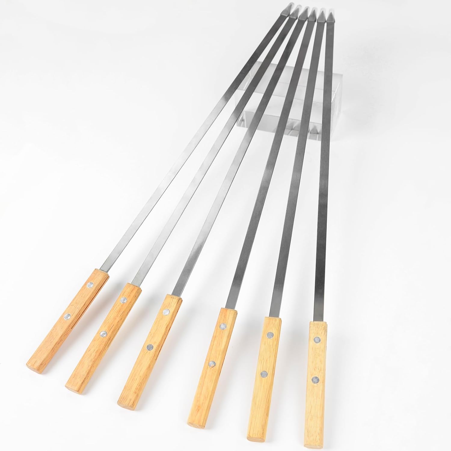 Detalle de AWCIGG 8 flache Grillspieße aus Edelstahl (430er) mit Buchenholz-Griffen, 55 cm – inkl. Tasche