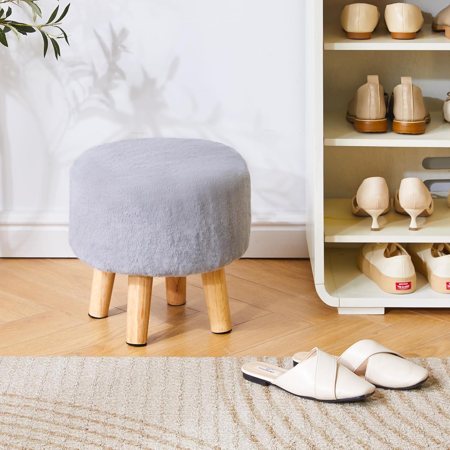 Thumbnail 4 de YMYNY Rotondo Poggiapiedi/Sgabello Ottomano in Poliestere con Gambe in Legno – Grigio, 32×32×32 cm