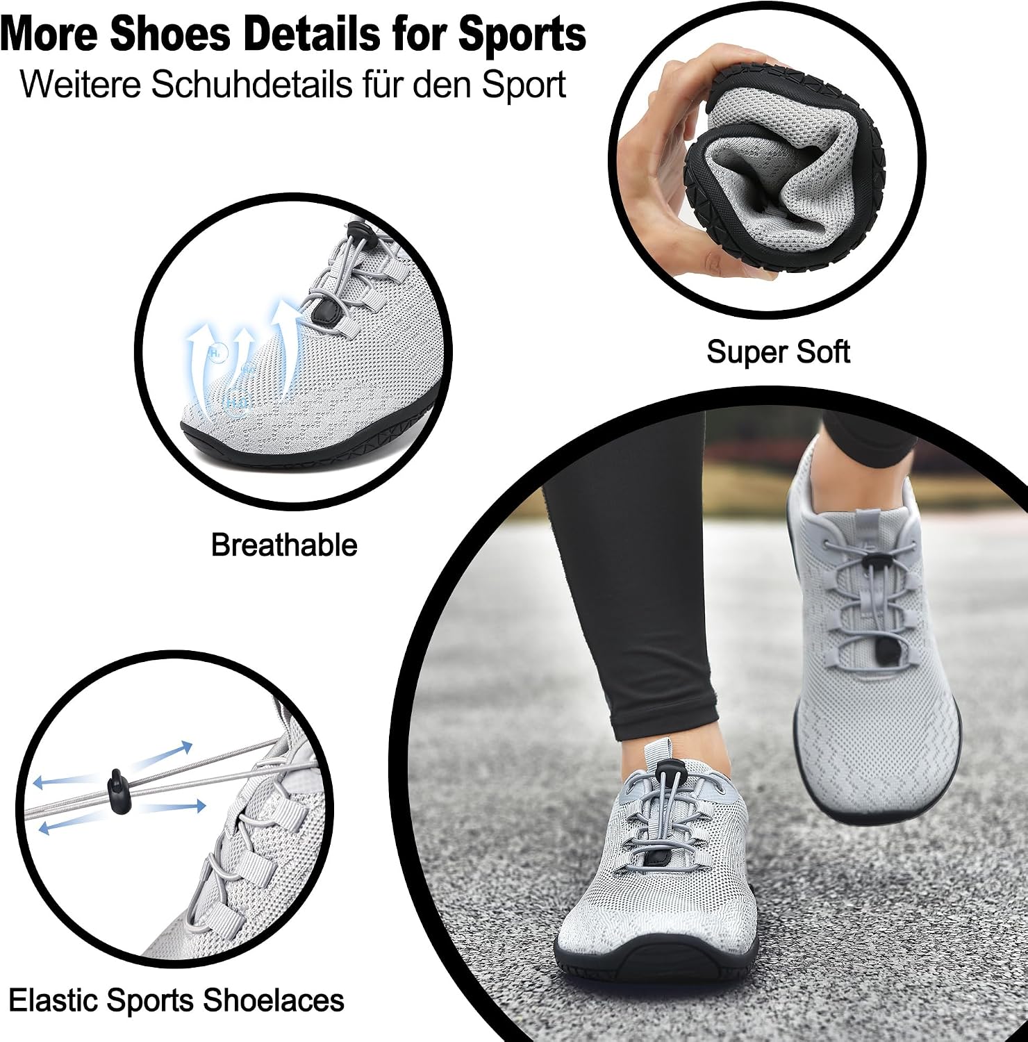 Detalle de Geweo Barfußschuhe Herren/Damen Sommer – Extra breiter Vorfuß, atmungsaktives Strickobermaterial, Zero-Drop-Sohle