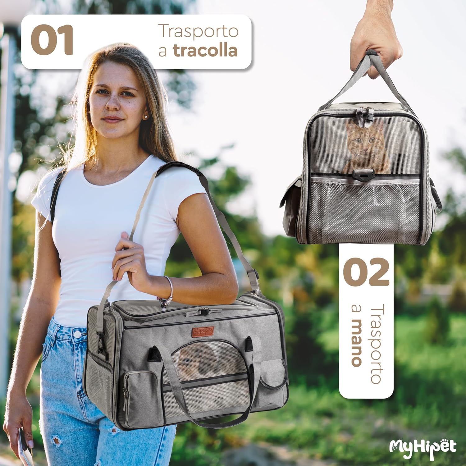 Thumbnail 5 de MyHiPet Trasportino per gatti e cani grande in Oxford 300D 48x28x30 cm grigio, con doppia apertura