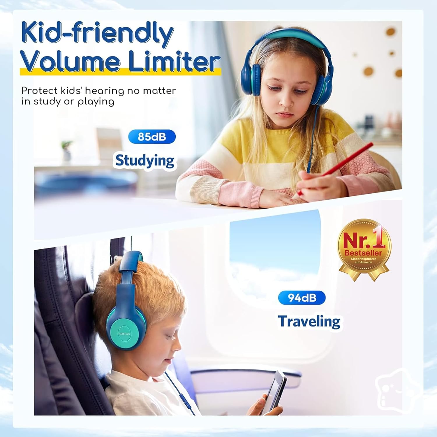 Detalle de EarFun Kids Wired Foldable Headphones (85dB volume limiter) – Blue Green