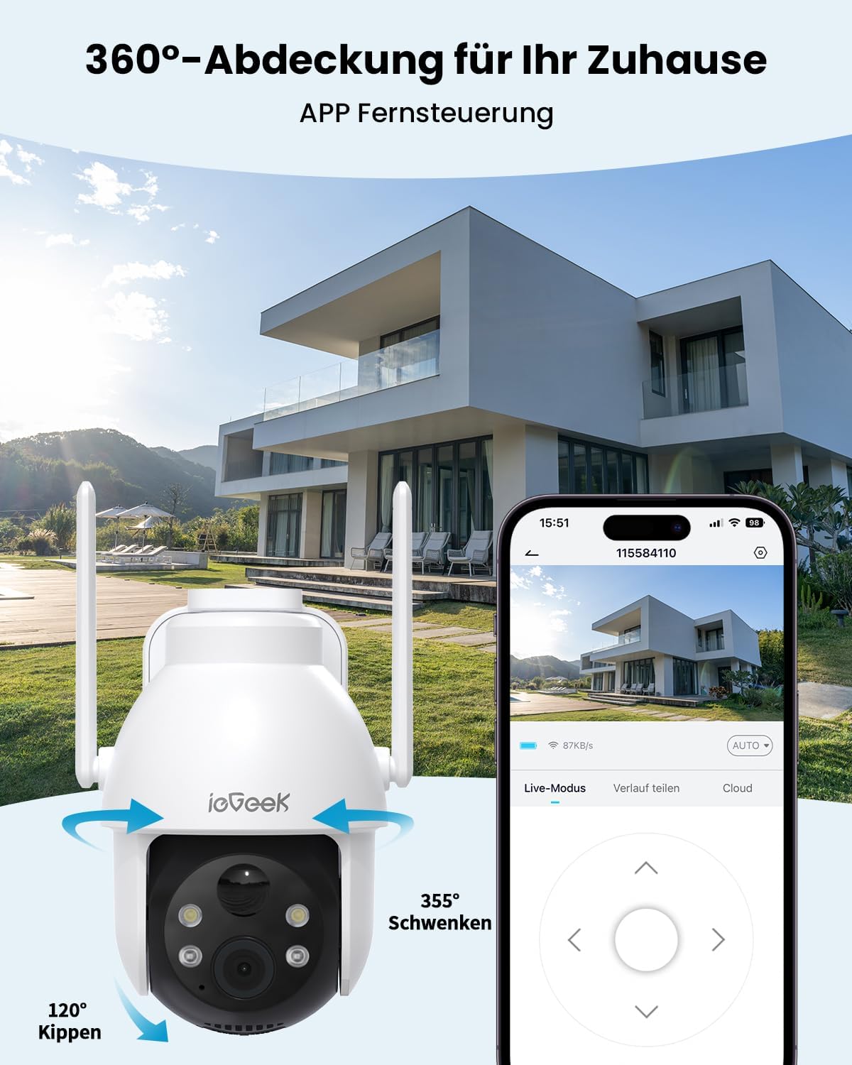 Detalle de ieGeek 2Pcs 2K/3MP Außenüberwachungskamera mit Solarbetrieb – 360° PTZ, PIR, 2 Wege Audio, IP65, kabellos