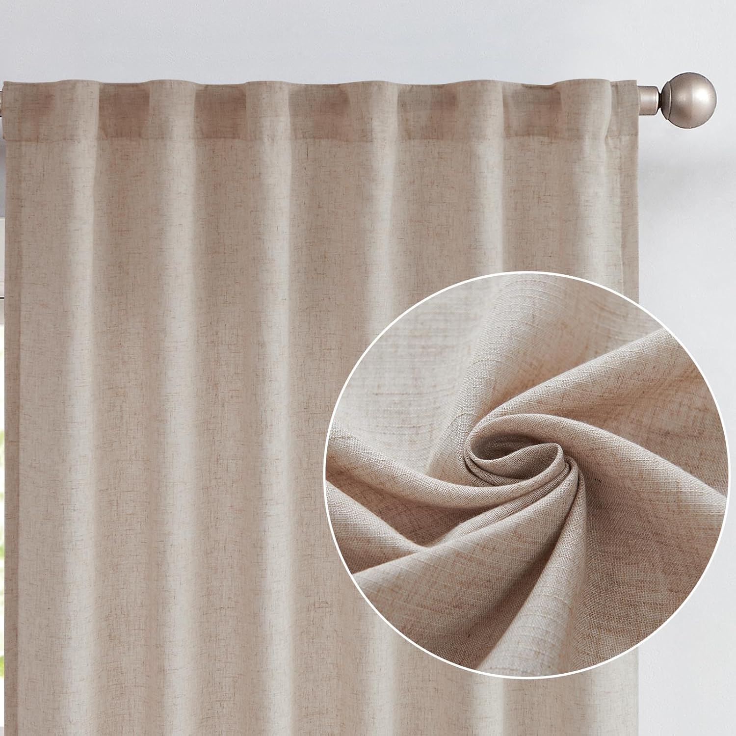 Detalle de Vangao Lot de 2 Rideaux Brise-bise en Lin Beige – 65 x 115 cm, cordon de serrage, style campagnard