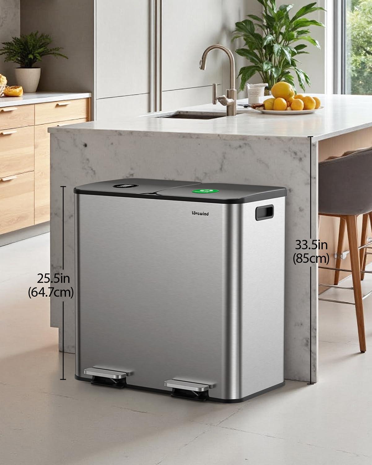 Detalle 2 de Lovewind Dual Trash and Recycling Bin, 2 x 13-Gallon, Stainless Steel
