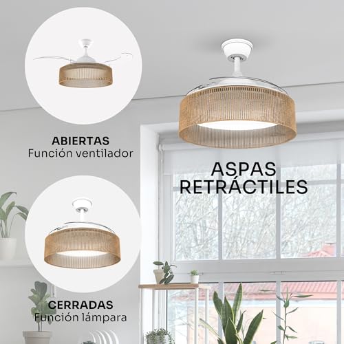 Detalle 2 de Mellerware Ventilador de Techo Brizy Bright Rattan: suave, silencioso y con luz LED