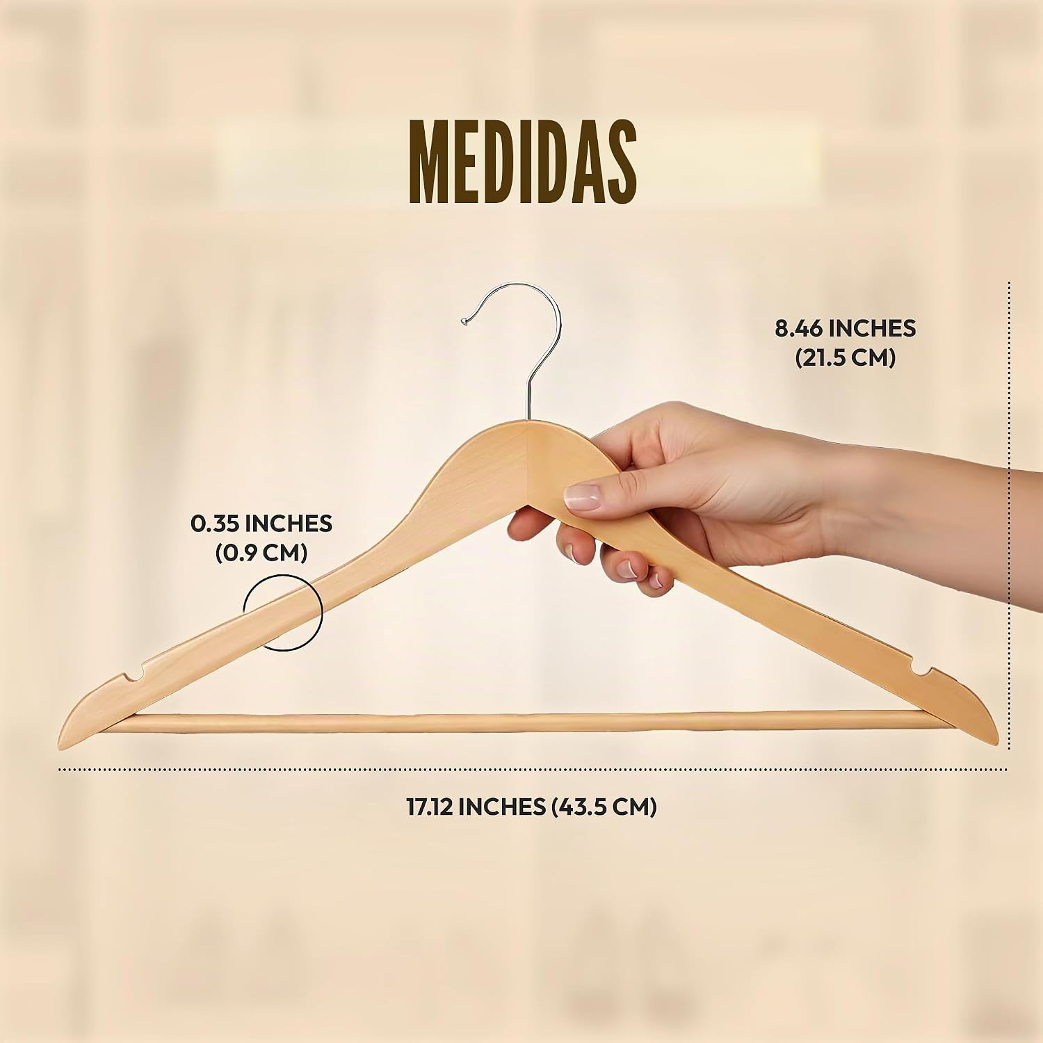 Detalle 2 de Utopia Home: Paquete de 20 perchas de madera con barra y ranuras para hombros, acabado natural