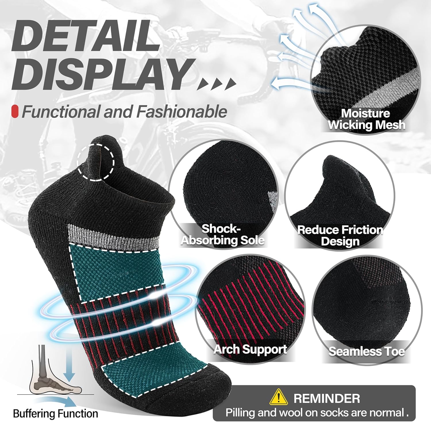 Detalle 2 de 6 Pairs Merino Wool Ankle Running Hiking Socks with Compression Support