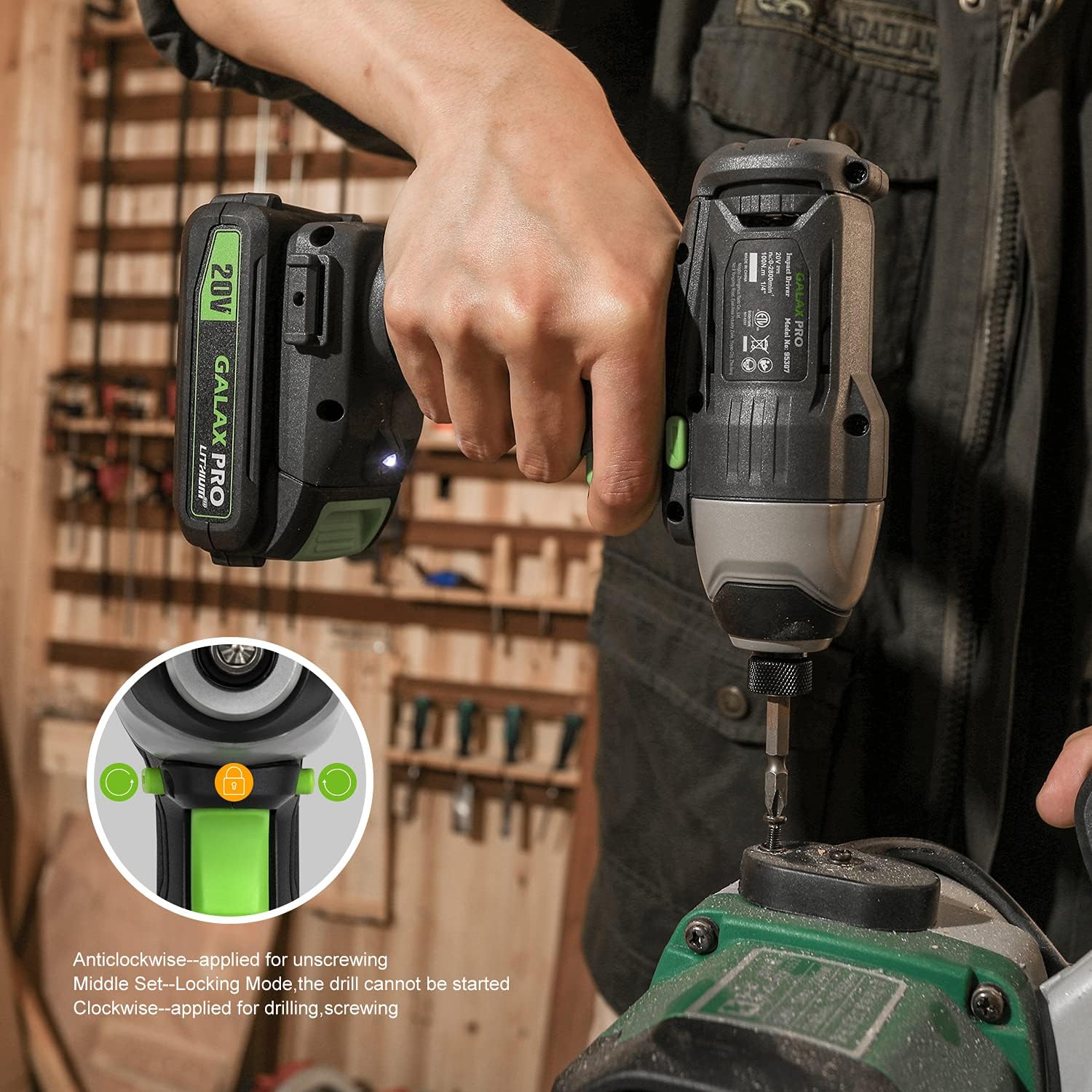 Detalle 2 de GALAX PRO Cordless Impact Driver 20V (0–2800RPM) with LED work light, 6 bit set, 1.3Ah battery & charger