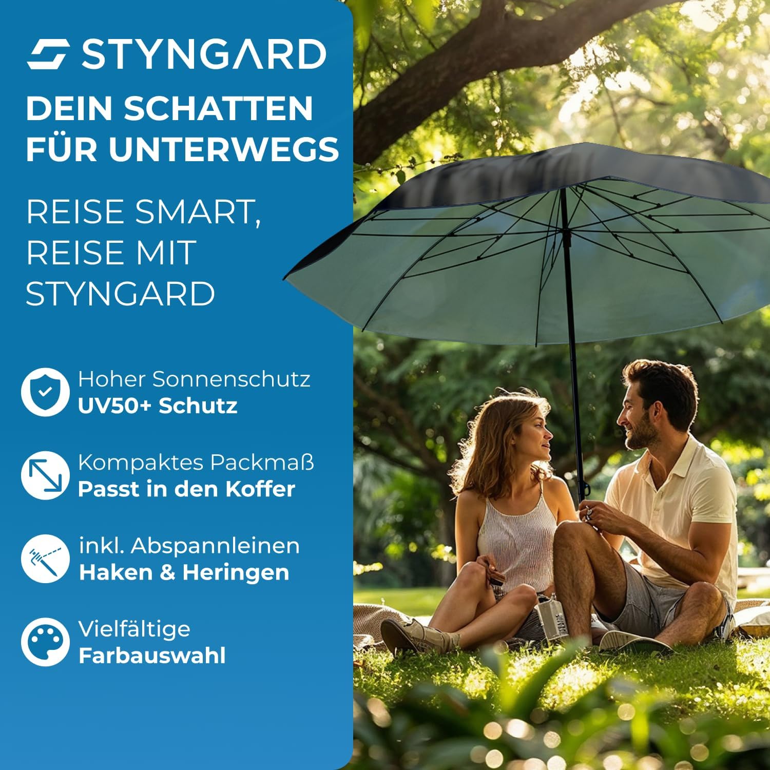 Thumbnail 6 de STYNGARD Reise Sonnenschirm NIZZA – UV50+ Strandschirm, Ø155 cm, grau, kompakt mit Abspannleinen