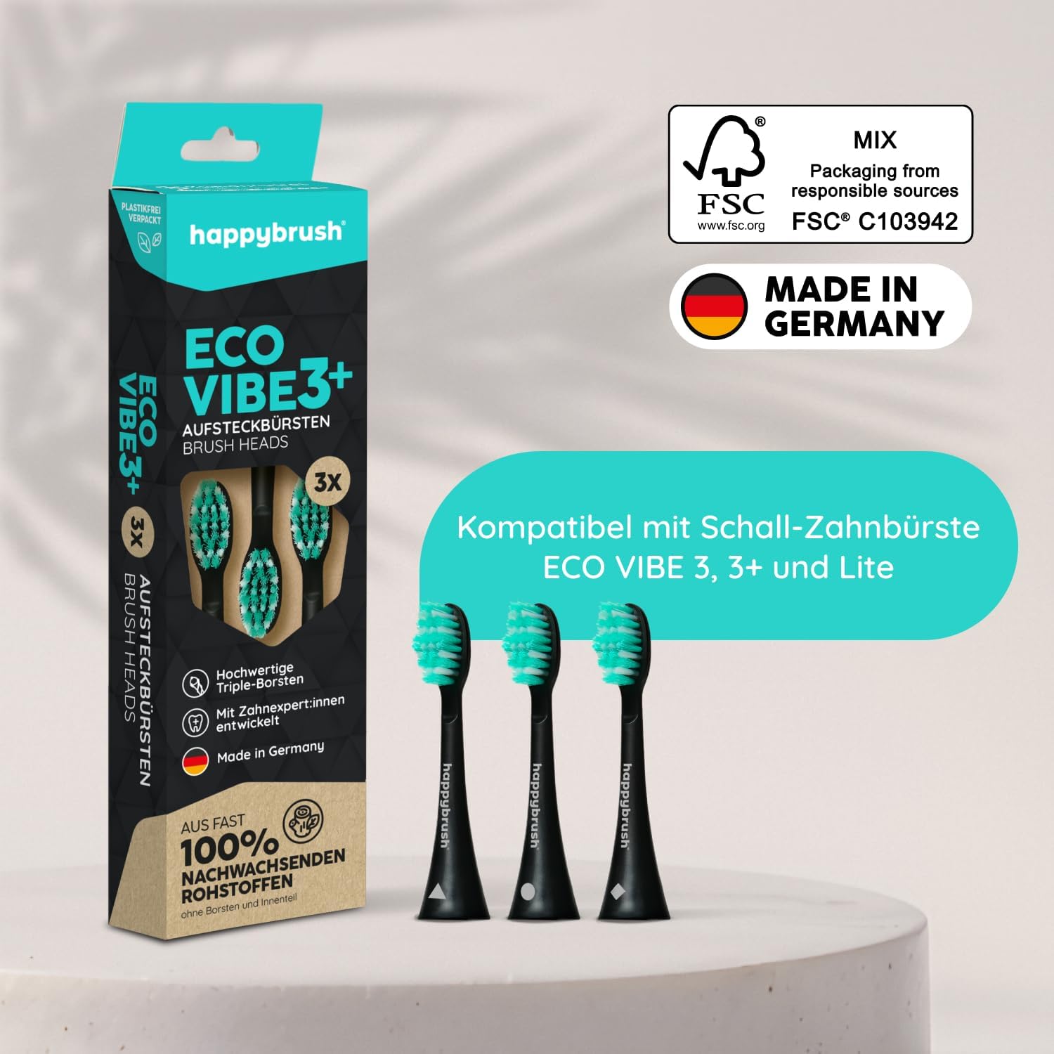 Detalle 2 de happybrush Eco VIBE 3 Aufsteckbürsten 9er 🪥