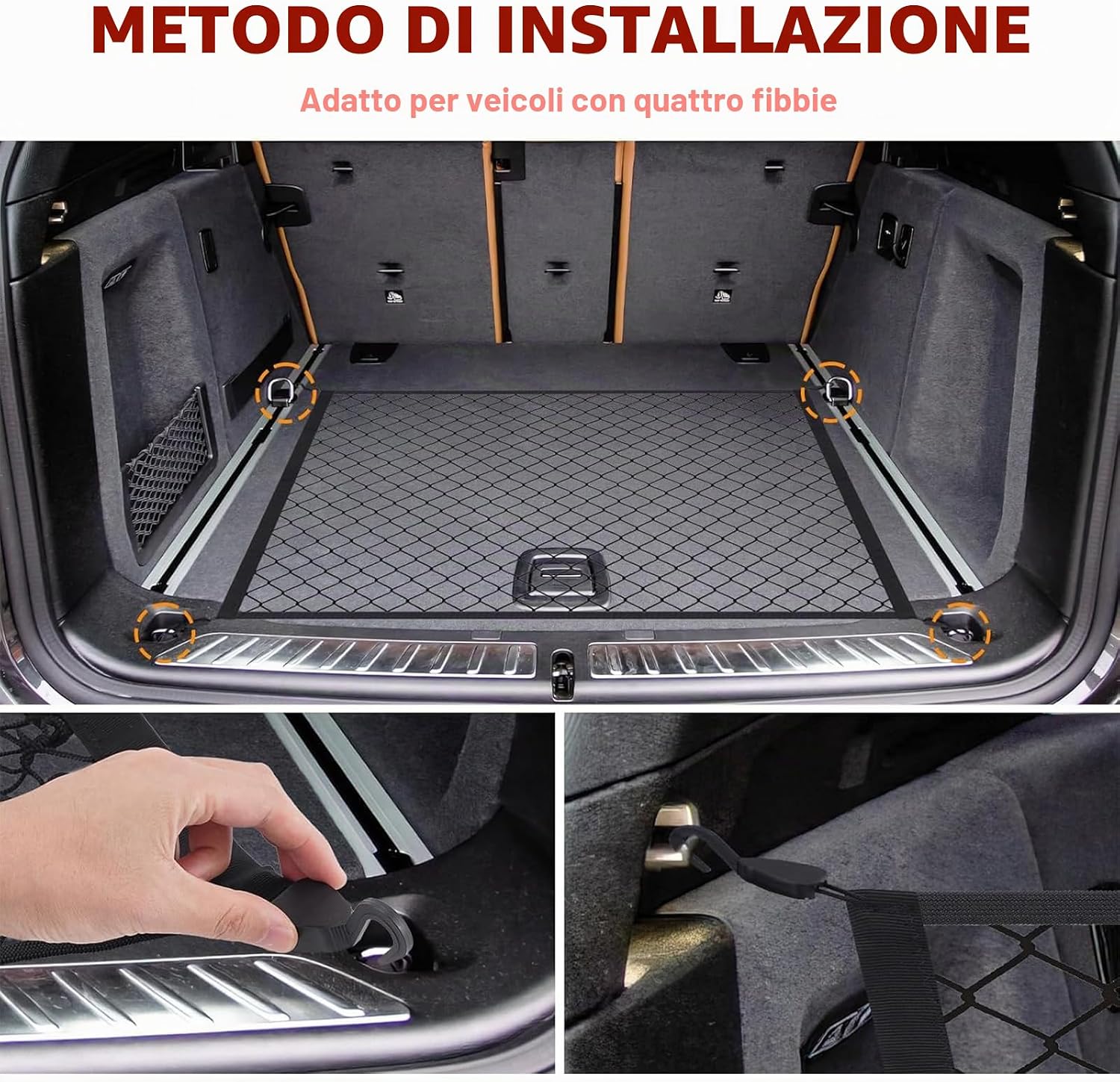 Detalle 2 de Rete Carico Bagagliaio Auto Elasticata 60×40 cm Espandibile 120×80 cm con 4 Ganci – Organizer Universale per Auto/Truck/SUV