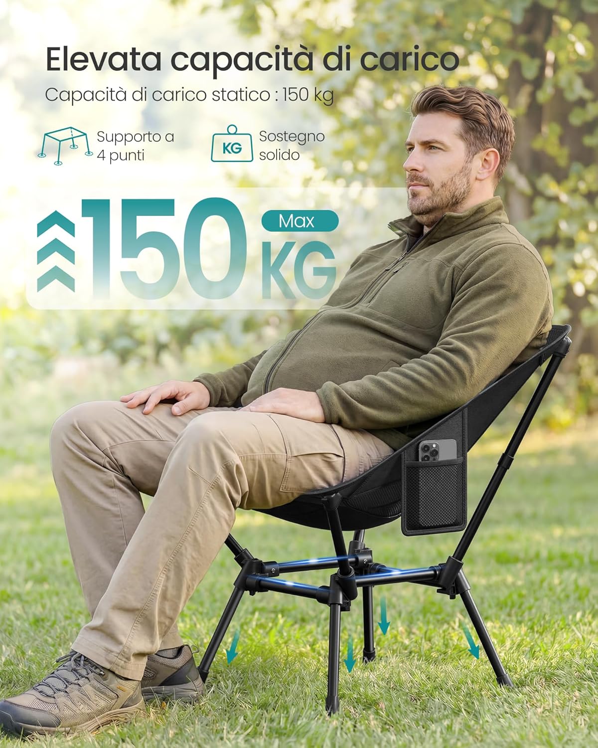 Detalle 2 de SONGMICS Sedia da Campeggio GCB050BZ01: sedia da esterno pieghevole in acciaio, altezza regolabile