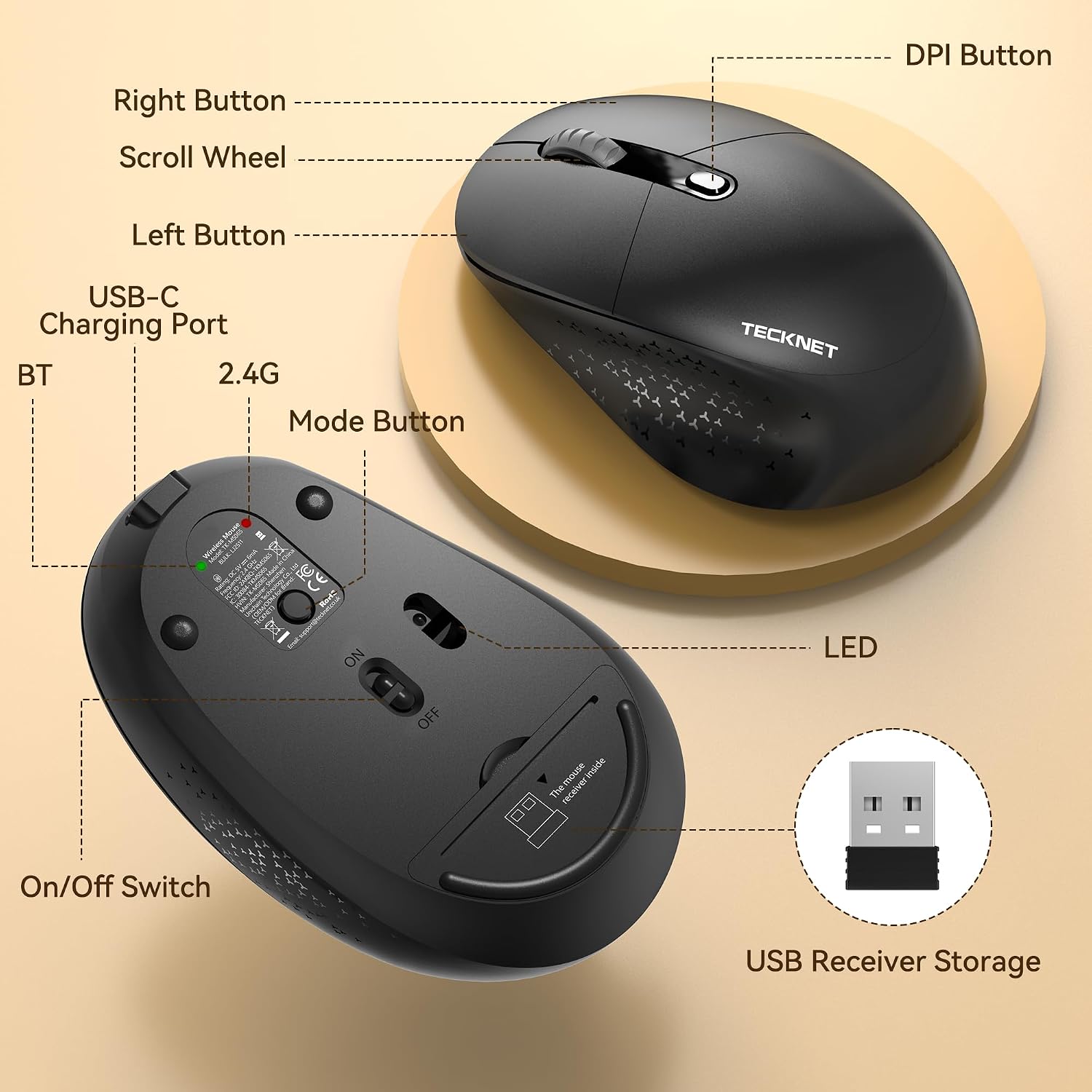 Detalle de TECKNET Silent Wireless Mouse: Multi-Device Ergonomic 2.4G/Bluetooth (BT 5.2/3.0)